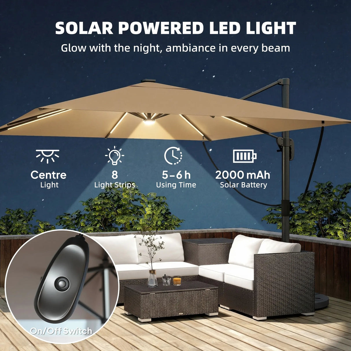 Outsunny 3 x 3 m Garden Cantilever Parasol with Light, Cover, Overhanging Umbrella w/ Wind Protection, 360 Rotation, Khaki
