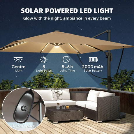Outsunny 3 x 3 m Garden Cantilever Parasol with Light, Cover, Overhanging Umbrella w/ Wind Protection, 360 Rotation, Khaki