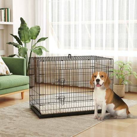 PawHut Dog Crate with 2 Doors with Tray, Soft Cushion, Foldable Metal Dog Cage for Extra and Large Dogs, 105 x 70 x 75, Black