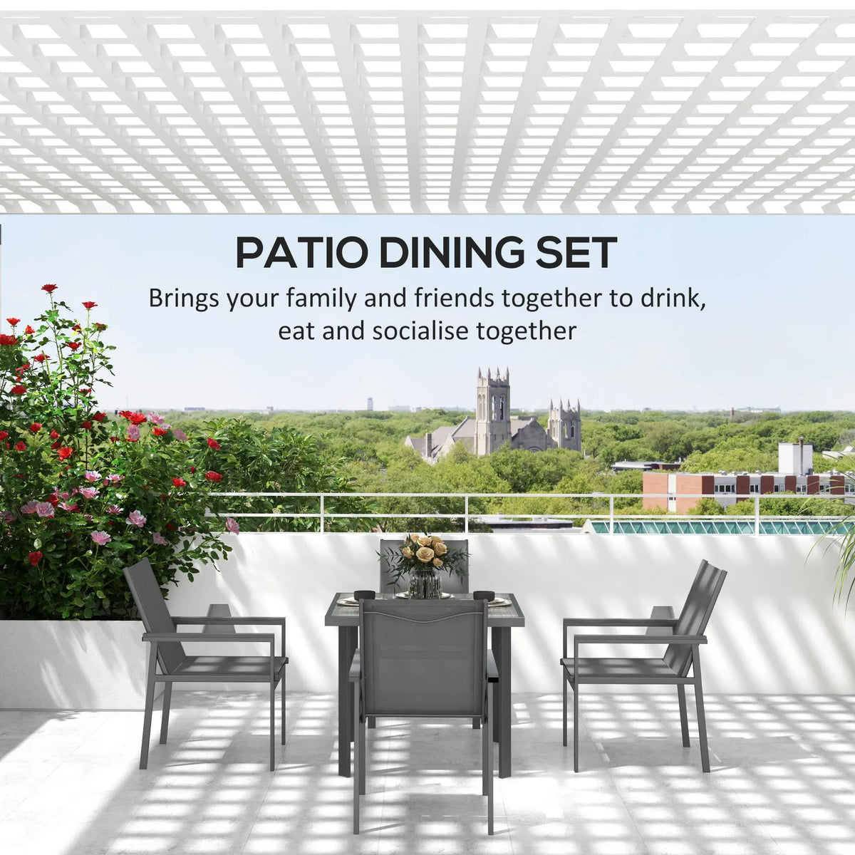Outsunny Five-Piece Metal Dining Set, with Glass-Top Table - Grey