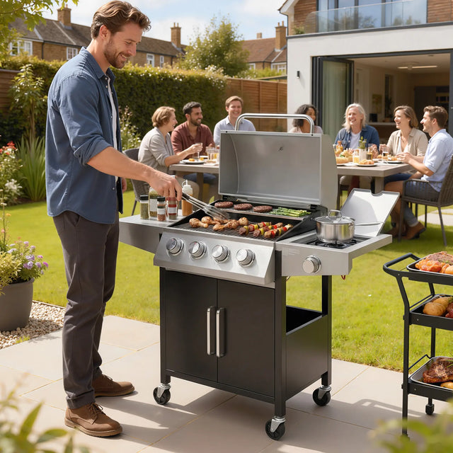 Outsunny 4+1 Burner Gas BBQ Grill with Side Burner, 50000 BTU Steel Portable Gas Barbecue Grill with Built-in Thermometer, Lid