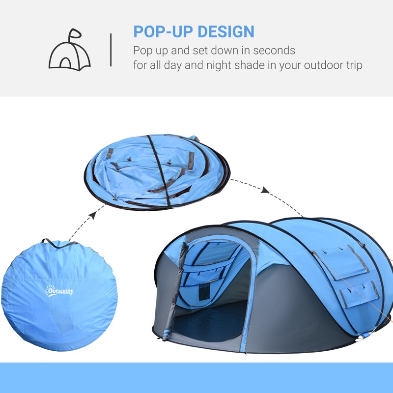 Outsunny 4-5 Person Pop-up Camping Tent Family Tent w/ 2 Mesh Windows & PVC Windows Portable Carry Bag for Outdoor Trip, Sky Blue