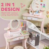 AIYAPLAY Kids Dressing Table, Girls Vanity Set with Mirror and Stool, 7 Play Accessories, Drawer, Desktop Storage, Pink