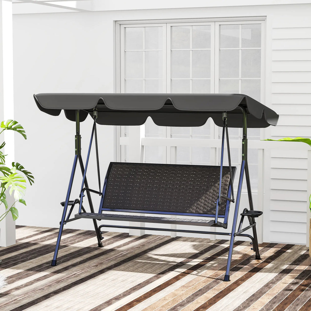 Outsunny 3 Seater Swing Chair, Garden Swing Seat Bench with Adjustable Canopy, Rattan Seat and Steel Frame for Patio, Yard, Grey