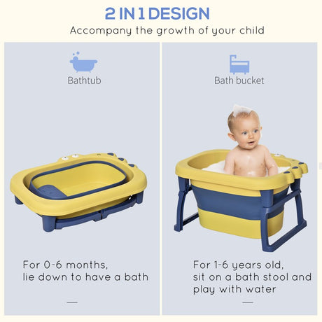 HOMCOM Baby Bathtub for 0-6 Years Collapsible Non-Slip Portable with Stool Seat for Newborns Infants Toddlers Kids - Yellow