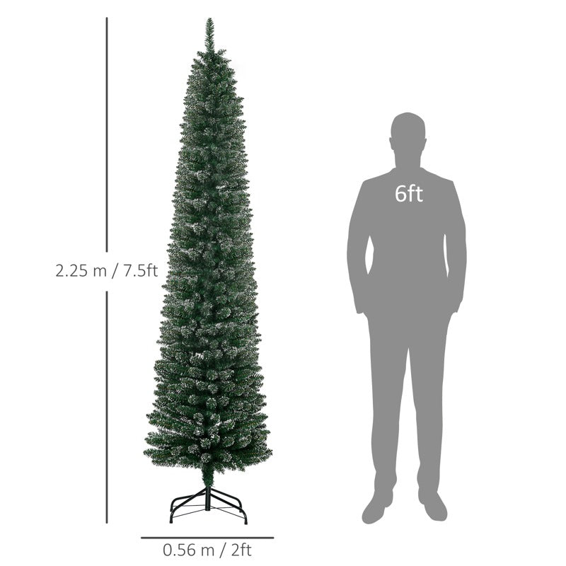 HOMCOM 7.5FT Artificial Snow Dipped Christmas Tree Xmas Pencil Tree Holiday Home Indoor Decoration with Foldable Black Stand, Green