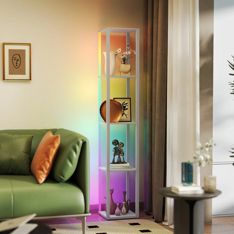 HOMCOM RGB LED Floor Lamp with Shelves, Modern Dimmable Standing Lamp with Remote Control, Adjustable Brightness & Speed for Living Room, Bedroom, Office, Grey