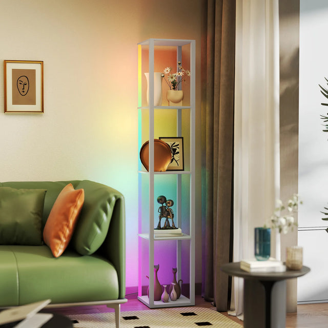 HOMCOM RGB LED Floor Lamp with Shelves, Modern Dimmable Standing Lamp with Remote Control, Adjustable Brightness & Speed for Living Room, Bedroom, Office, Grey