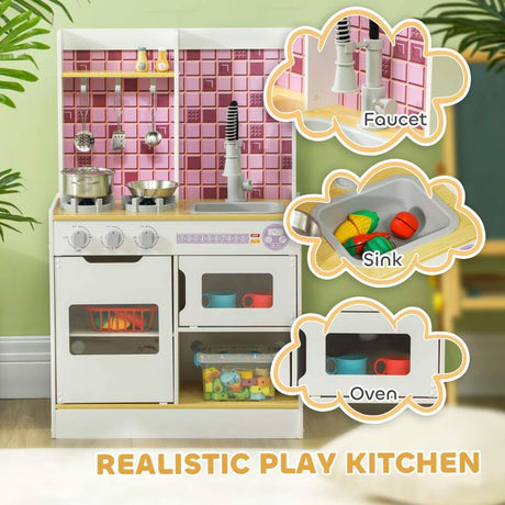 AIYAPLAY Kids Play Kitchen, Pretend Play Kitchen with Realistic Oven, Stove, Sink, Kitchen Accessories, White