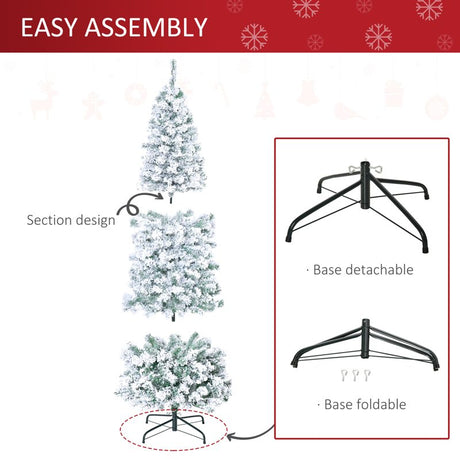 HOMCOM 6FT Prelit Artificial Snow Flocked Christmas Tree with Warm White LED Light, Holiday Home Xmas Decoration, Green White