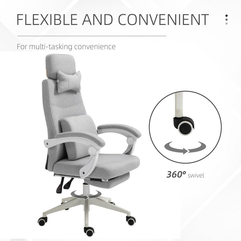 Vinsetto Office Chair, Ergonomic Desk Chair, High Back Fabric Work Chair with 160 Reclining Backrest, Retractable Footrest, Neck and Lumbar Pillow for Home and Study, Grey