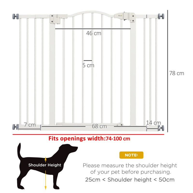 PawHut Metal 74-100cm Adjustable Pet Gate Safety Barrier w/ Auto-Close Door White