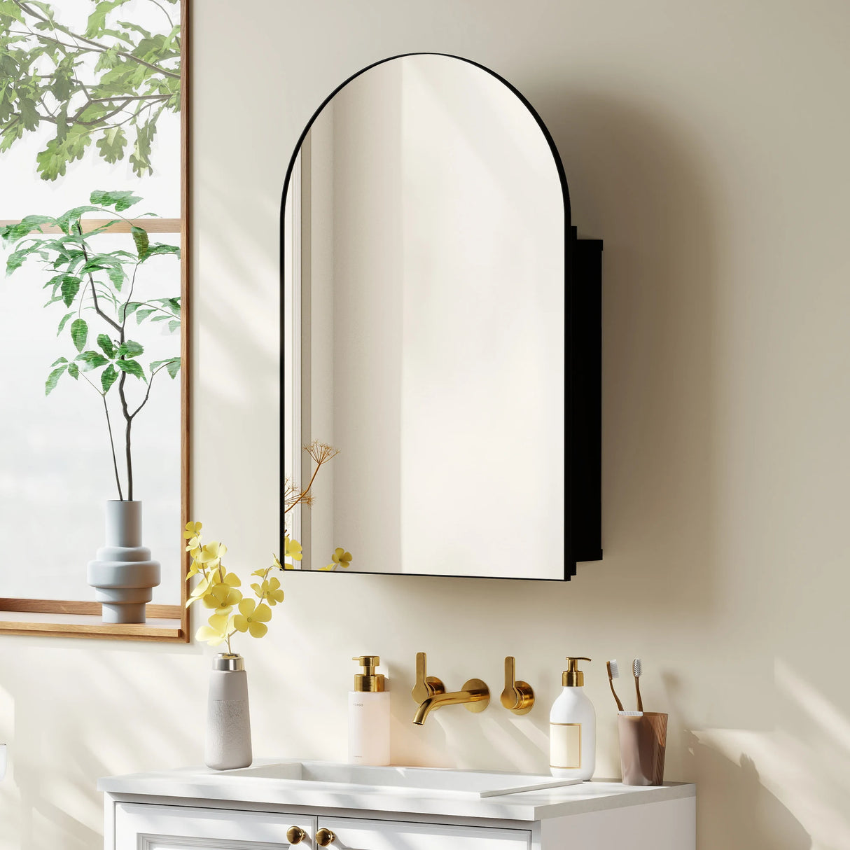 HOMCOM Bathroom Mirror Cabinet with Mirror, Arched Wall Mounted Bathroom Cabinet with Storage Shelves, Black
