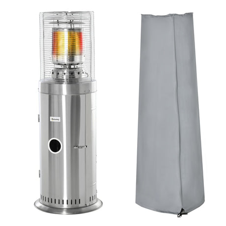 Outsunny 10KW Outdoor Gas Patio Heater Terrace Freestanding Bullet Style Heater with Wheels, Dust Cover, Regulator and Hose, Silver