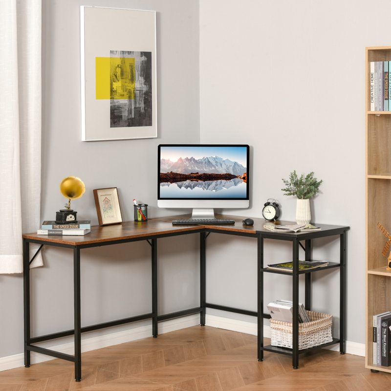 HOMCOM L-Shaped Computer Desk Industrial Corner Writing Desk with Adjustable Storage Shelf Space-Saving Home Office Workstation 150 x 120 x 75 cm Rustic Brown