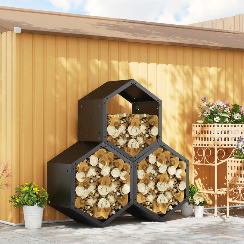 Outsunny Fireplace Log Rack, Steel Firewood Log Holder, 3 Hexagon Boxes, Indoor Outdoor Wood Storage Shelf, 113 x 37 x 113cm, Black