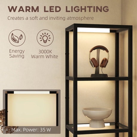 HOMCOM LED Floor Lamp with Glass Shelves, 4 Layers Dimmable Tall Standing Lamp, Modern Column Shelf Floor Light for Living Room, Bedroom, Office, Black