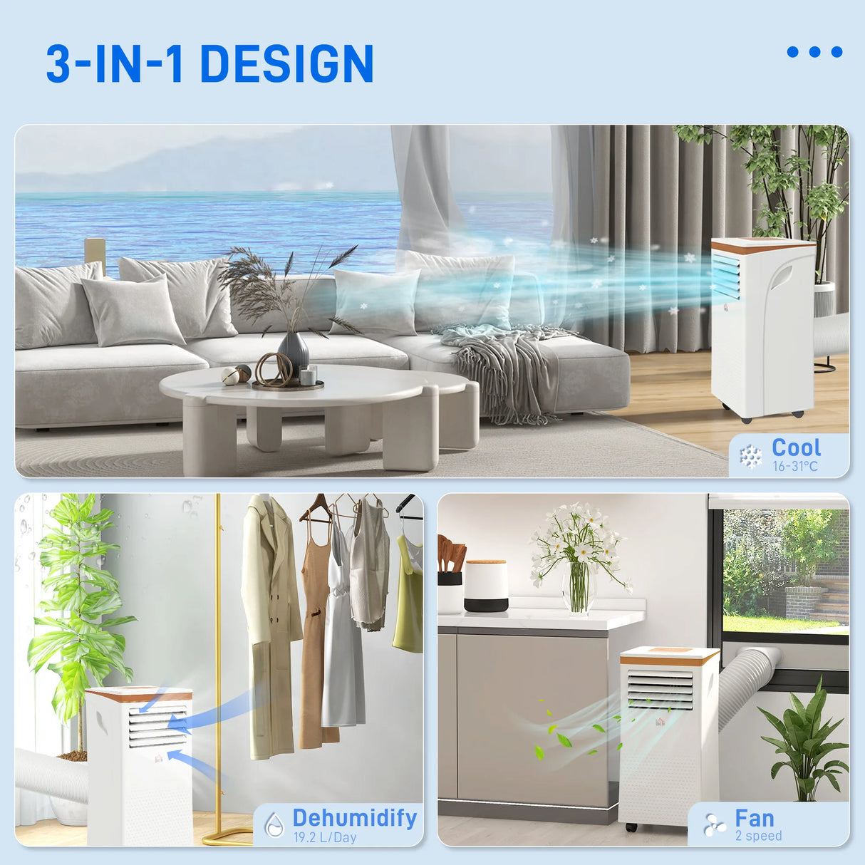 HOMCOM Portable Air Conditioner 10000 BTU, 4-in-1 Mobile Air Conditioning Unit with Cooling, Fan, Dehumidifier & Sleep Mode, LED Display, Remote Control, 24H Timer, Window Kit for Rooms up to 30m2