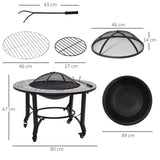 Outsunny 3-in-1 Outdoor Fire Pit on Wheels, Mosaic Garden Table, Patio Heater with Cooking BBQ Grill, Firepit Bowl with Screen Cover, Fire Poker for Backyard Bonfire