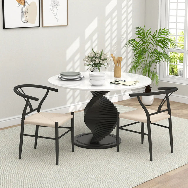 HOMCOM Set of Two Weave Dining Chairs with Y-Shaped Backrest Hemp Seat - Black/Beige