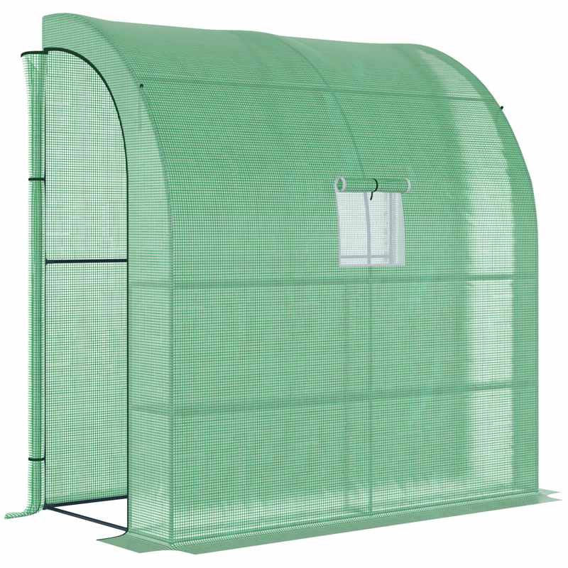 Outsunny Walk-In Lean to Wall Greenhouse with Windows and Doors, Outdoor Green House with 3 Tiers 4 Wired Shelves, 200L x 100W x 215Hcm, Green