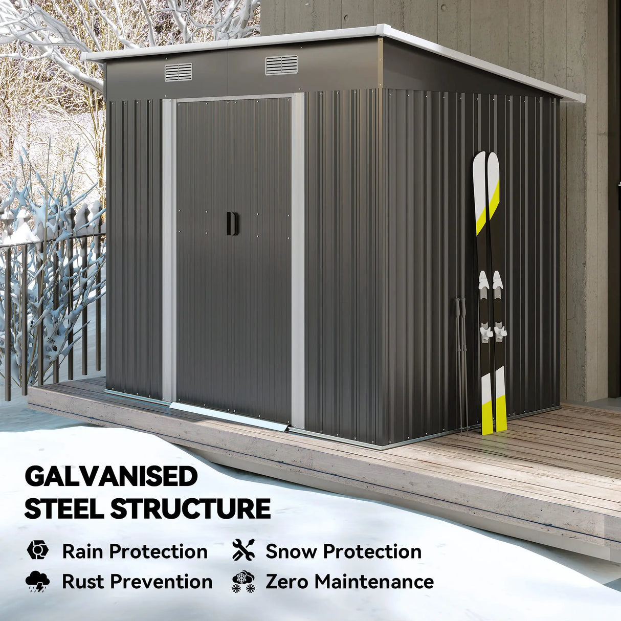 Outsunny 7 x 4ft Outdoor Storage Shed with Foundation Kit, Lean to Metal Garden Shed for Log, Rubbish Bin, Tool, Lawnmower, Bike, Patio and Lawn Use, Black