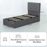 HOMCOM Single Bed Frame Gas Side Lift Under Bed Storage Upholstered Platform Bed Tufted Headboard for 90 x 190 cm Mattress