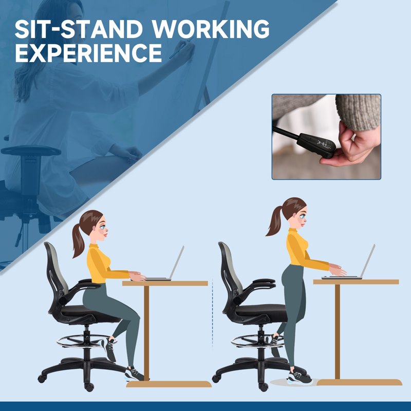 Vinsetto Adjustable Mesh Standing Desk Chair with Flip-up Armrests Lumbar Support Armrests Adjustable Footrest Ring, Dark Grey