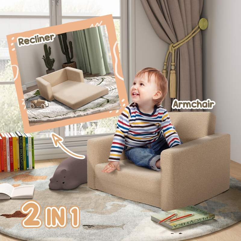 AIYAPLAY 2 in 1 Kids Armchair, Foldable Recliner for 1.5-3 Years Old, Khaki