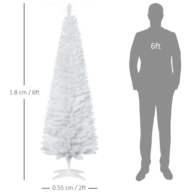 HOMCOM 6ft Unlit Artificial Christmas Tree, Pencil Slim Xmas Tree with Solid Stand and Realistic Branches, White