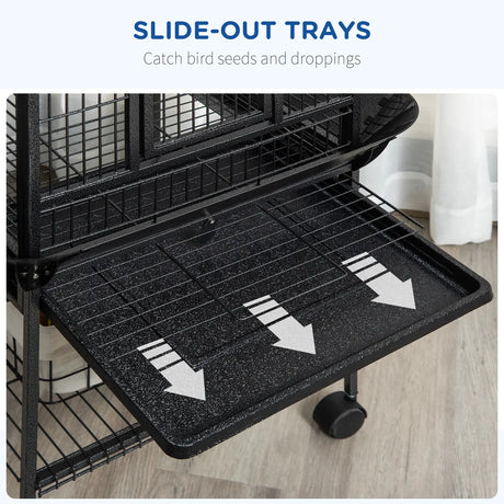 PawHut 156cm Bird Cage,Large Parrot Cage with Open Play Top, Perch, Seed Guard, Wheels, Storage Shelf, Dark Grey