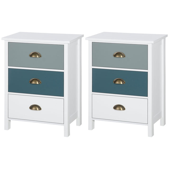 HOMCOM Bedside Table Set of 2 Chest of 3 Drawers Shabby Chic Nightstands with Metal Handle Sofa Side Table for Living Room, Bedroom,Grey and blue