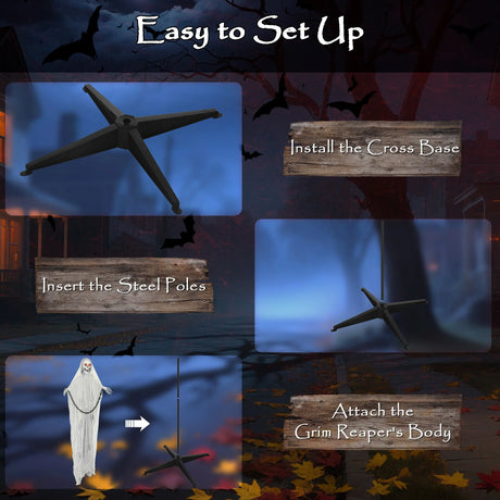 Outsunny 183 cm Life Size Halloween Animated Skeleton Grim Reaper with Glowing LED Eyes, Scary Halloween Decorations, Battery Operated, Indoor Party Props