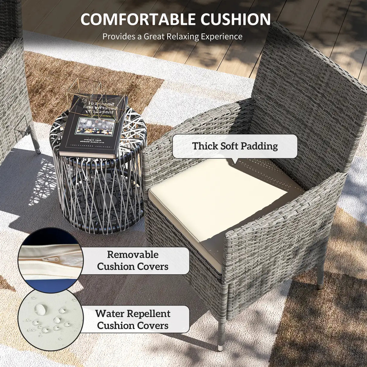 Outsunny 2 Pieces Rattan Garden Chairs Dining Chair Set with Cushion, Mixed Grey