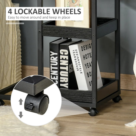HOMCOM Mobile Sofa Side Table Set of 2, Industrial C-Shaped Rolling Couch Table with 3-Tier Storage Shelving Four Lockable Wheels Steel Frame, Dark Brown