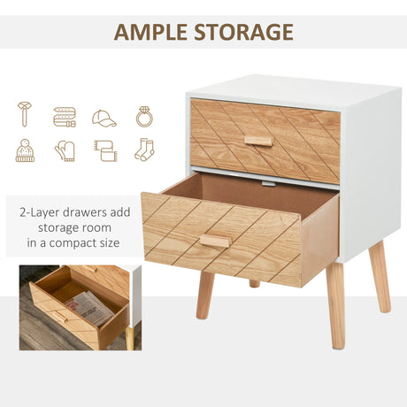 HOMCOM 2 Drawers Bedside Table with Pine Legs, Bedroom Wooden Storage Cabinet, Natural