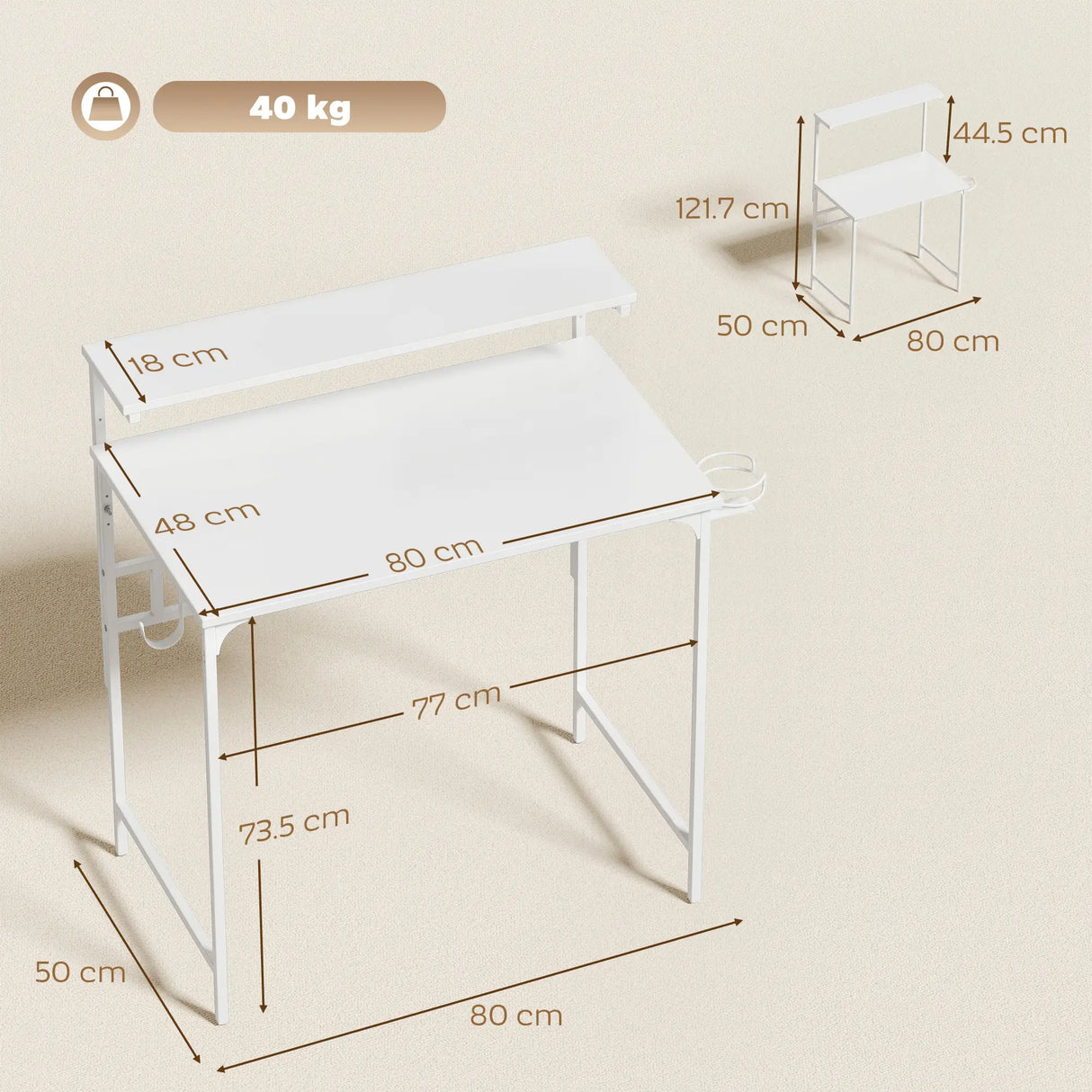 HOMCOM Computer Desk, 80cm Home Office Study Table with Hutch Shelf, Cup Holder, Headphone Hook, White
