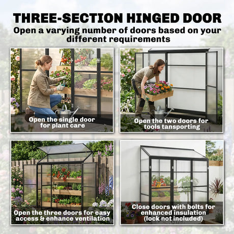 Outsunny Polycarbonate Greenhouse with 3 Hinged Doors, Top Vent, Lean-to Green House, Walk-in Greenhouse, 6 x 1.5ft, Black