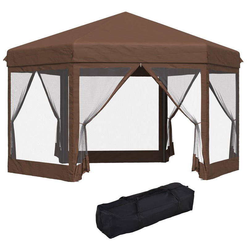 Outsunny 3.5m x 4m Hexagonal Pop Up Gazebo, Canopy Tent Sun Shelter for Patio Outdoor Party, Height Adjustable, with Mosquito Netting and Carry Bag - Brown