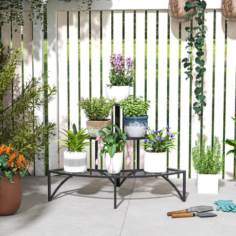 Outsunny Three-Tier Corner Metal Plants Shelves - Black
