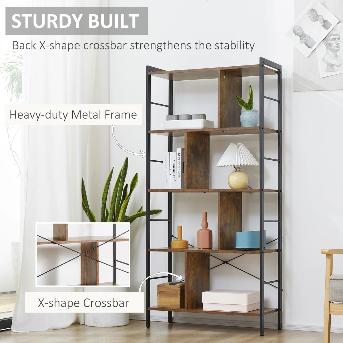 HOMCOM Industrial Storage Unit, 5 Tiers Bookcase with Open Compartments for Office Living Room, Bedroom, Rustic Brown and Black