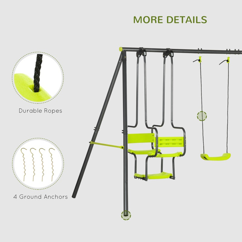 Outsunny Metal Garden Swing Set with Double Swings, Glider, Swing Seats - Green