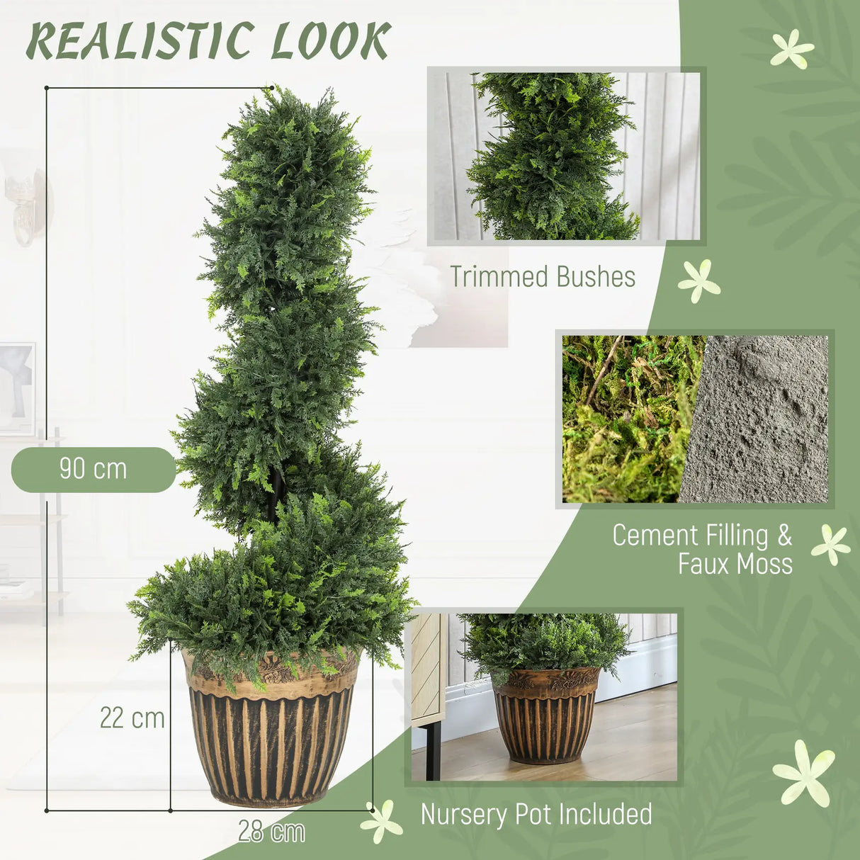 HOMCOM Set of 2 Artificial Plants, Topiary Spiral Boxwood Cypress Trees with Pot, for Home Indoor Outdoor Decor, 90cm