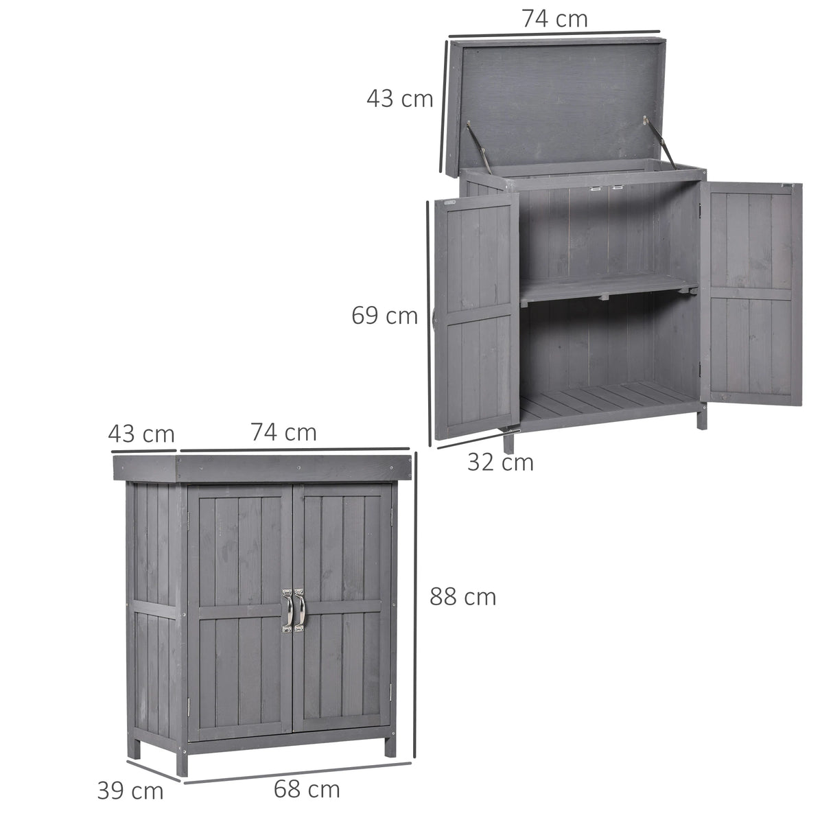 Outsunny Small Shed, Wooden Garden Shed with Openable Hinged Roof and Removable Shelf, Outdoor Tool Storage Cabinet Chest with Double Doors, 74 x 43 x 88 cm, Grey