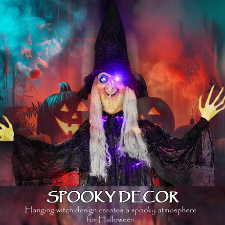 Outsunny 183 cm Life Size Halloween Animated Hanging Witch with Glowing LED Eyes & Body, Spooky Witch Scary Halloween Decorations, Battery Operated, Indoor Party Props