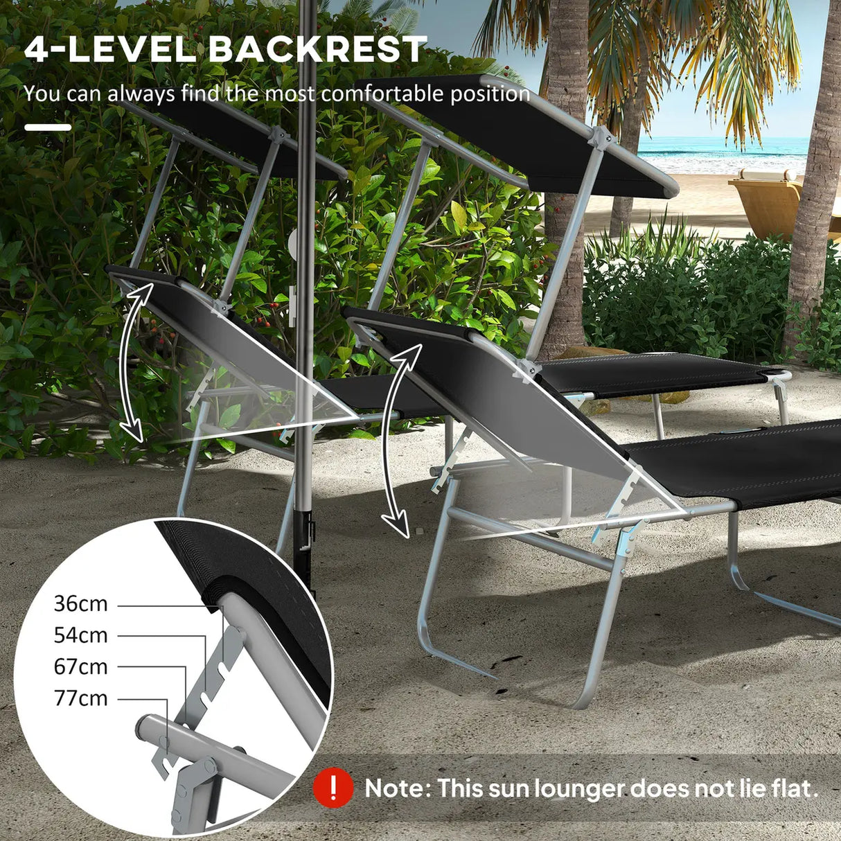 Outsunny Foldable Sun Lounger Set of 2 with Sun Shade & Adjustable Backrest - Black