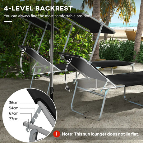 Outsunny Foldable Sun Lounger Set of 2 with Sun Shade & Adjustable Backrest - Black