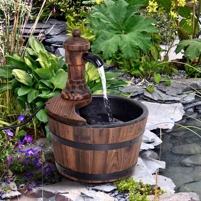 Outsunny Wood Barrel Patio Water Fountain Garden Decorative Ornament Water Feature with Electric Pump (Type A)