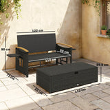 Outsunny Double Garden Rattan Daybed, Wicker Sun Bed Chaise Lounger with Storage Ottoman, 4-Level Adjustable Backrest, Dark Grey