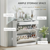 HOMCOM Shoe Storage Cabinet with Slide Out Drawer, 2 Flip Doors, Tempered Glass Top - White